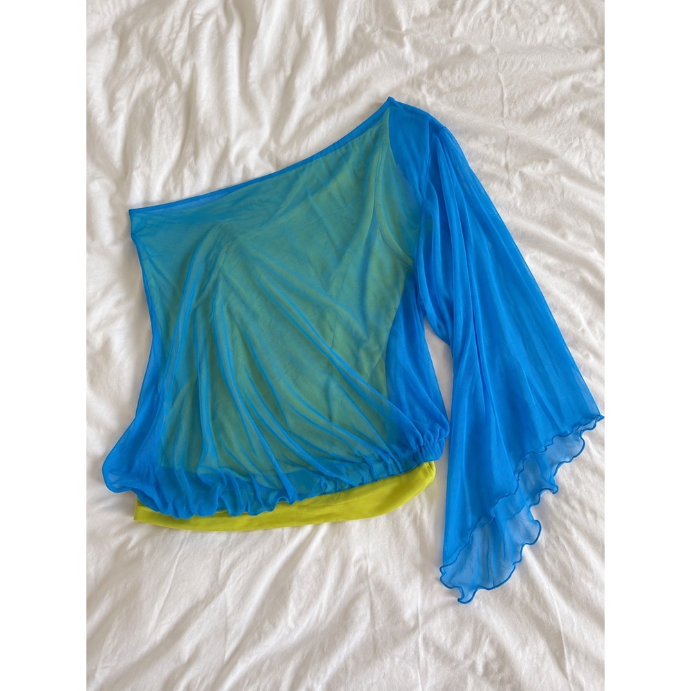 Analili Y2K One Shoulder Fairy Top Small Blue Yellow 100% Silk Sheer Overlay